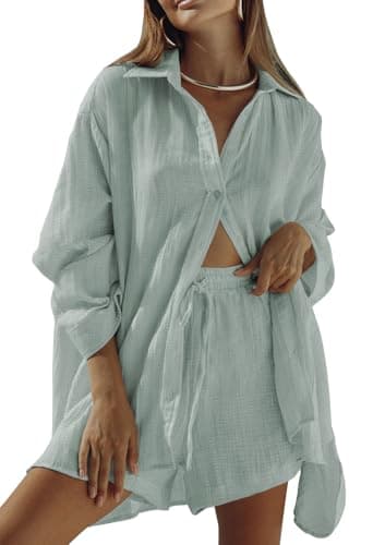 Fixmatti Button Down Lounge Sets for Women Long Sleeve 2 Piece Outfits Oversized Shirt Mini Shorts Crab Green M - Image 1