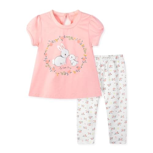 HILEELANG Toddler Girl Easter T-Shirt Leggings Outfit Set Summer Cotton Pink Flower Bunny Rabbit Leggings Spring Clothing Sets Size 7 - Image 1