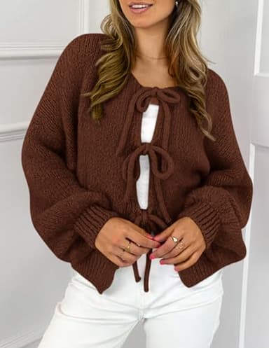 PRETTYGARDEN Women's Tie Front Bow Cardigan Sweaters Chunky Knit Long Puff Sleeve Trendy Fall Winter Jacket Coats (Caramel,Large) - Image 4