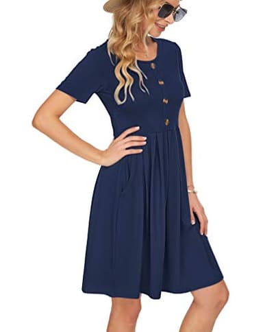 AUSELILY Women's Short Sleeve Summer Dress Pleated Button Down Knee Length Dresses with Pockets 2025 New New Navy Blue M - Image 4