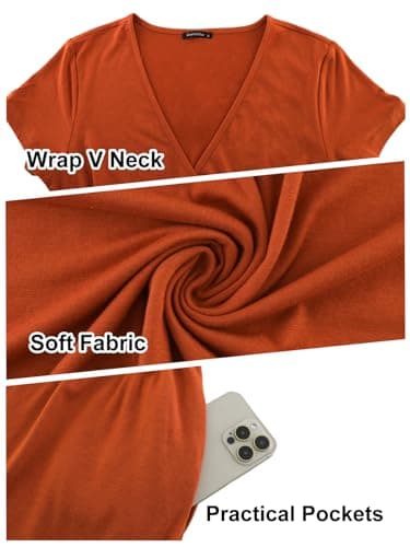 ANRILITA Maxi Dress for Women Wrap V Neck Short Sleeve Empire Pleated Waist Summer Casual Elegant Long Dresses with Pockets Brick Red - Image 5