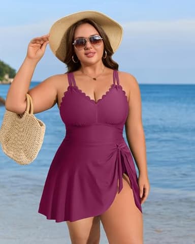 Charmo Plus Size Swimsuit for Women Swim Dress Scalloped One Piece Tummy Control Bathing Suit Ruched Swim Suits 2025 Fuchsia 2X - Image 9