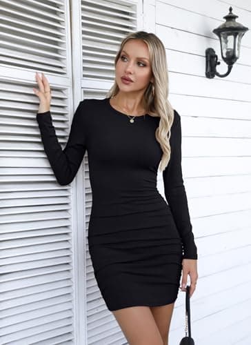 Valiamcep Women Casual Crew Neck Ruched Long Sleeve Bodycon 2021 Fall Short Mini Dresses Black M - Image 2