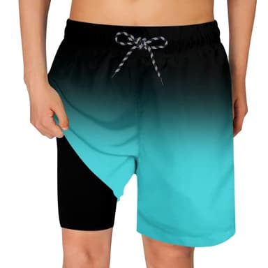 Cozople Boy's Ombre Emerald Graphic Swimming Trunks Compression Boxer Brief Liner Swim Shorts Anti Chafe Swimsuit Bathing Suit for Big Boys No Mesh Lining Beach Board Shorts with Pockets - Image 1