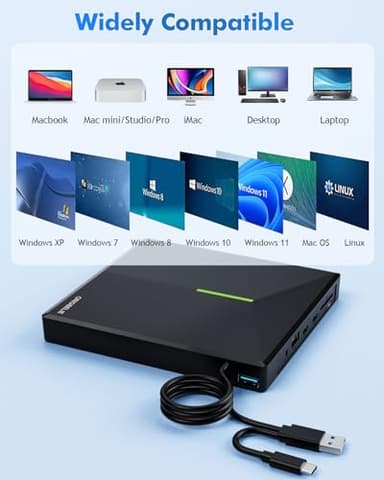 ORIGBELIE External CD DVD Drive with 4 USB Ports and 2 TF/SD Card Slots, USB 3.0 Portable CD/DVD Disk Drive Player Burner Reader Writer for Laptop MacBook Desktop PC Windows 11/10/8/7 Linux Mac OS - Image 5