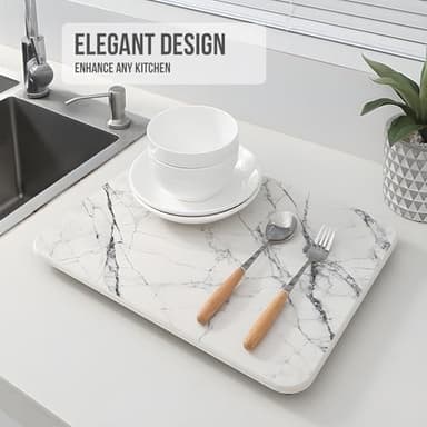 KARRAHOME Stone Dish Drying Mat for Kitchen Counter,Instant Dry Diatomaceous Earth Mat Dishes, Stone Dish Fast Drying Mat Board White Marble 15.8 x 11.8 inch - Image 5