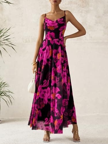 BTFBM Women Summer Floral Maxi Dresses Elegant Spaghetti Strap Dress Printed Party Dress Beach Long Dresses(Floral Black Rose Red,X-Large) - Image 2