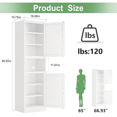 Ckzbx Tall Narrow Storage Cabinet 66.93" H Tall Bathroom Cabinet Metal Pantry Cabinets, 4 Adjustable Shelves for Kitchen, Home Office, Living Room, Dinning Room (20 inches Wide White) - Image 3