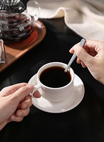 Sweese Porcelain Espresso Cups Set, 4 oz Stackable Cups with Saucers Metal Stand, Set of 4, White - Image 7