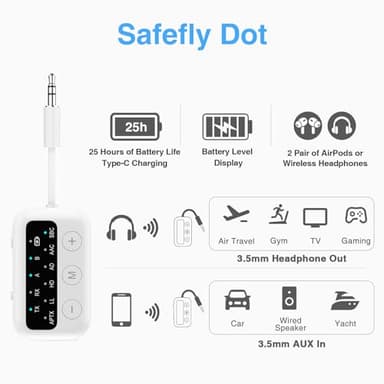 1Mii SafeFly Dot Bluetooth 5.3 Transmitter Receiver for up 2 Headphones,AptX Low Latency/HD,Plane Travel Essentials,Wireless Audio Bluetooth Airplane Adapter for Flight,TV,Car,PC(White) - Image 7