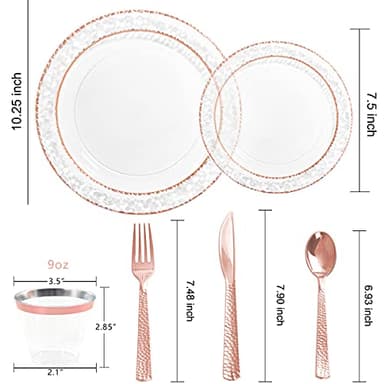 Ciaell 150PCS Rose Gold Plastic Plates – Disposable Plates with Rose Gold Plastic Silverware include 50Plates, 25Forks, 25Knives, 25Spoons, 25Cups for Wedding & Party - Image 3