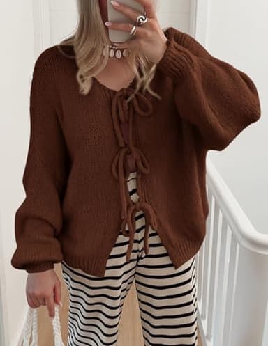 PRETTYGARDEN Women's Tie Front Bow Cardigan Sweaters Chunky Knit Long Puff Sleeve Trendy Fall Winter Jacket Coats (Caramel,Large) - Image 5