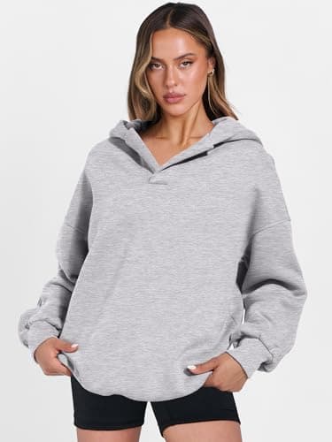 ANRABESS Womens Oversized Hoodies V Neck Sweatshirts Fleece Long Sleeve Pullover Y2K Clothes 2025 Fall Trendy Outfits Light Gray L - Image 7