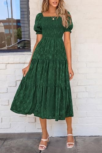 PRETTYGARDEN Women's 2025 Summer Casual Midi Dresses Square Neck Short Sleeve Smocked A Line Floral Flowy Elegant Boho Dress (Dark Green,Large) - Image 4