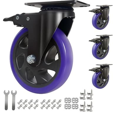6 Inch Caster Wheels 3000lbs,Heavy Duty Casters Set of 4 with Brake, No Noise Polyurethane Swivel Caster Wheels for Cart,Furniture,Workbench(Free Screws & Spanners) - Image 1