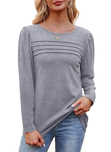 OFEEFAN Ladies Tops and Blouses Long Sleeve Shirts Business Casual Blouses Pleated Front Plus Size Sweaters Lightweight Light Grey XL - Image 4