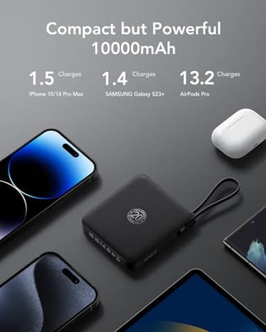 VRURC Portable Charger with Built-in Cable, 10000mAh 22.5W Fast Charging USB C Battery Pack, Cell Phone Power Bank for iPhone 16 15 14 Samsung Galaxy S25 S24 S23 Series Android Tablet, Black(1 Pack) - Image 7