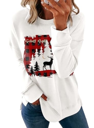 Dokotoo Women's Casual Long Sleeve Christmas Sweatshirt Crewneck Tops Ladies Split Loose Fit Christmas Letter Graphic Pullover Tunic Shirts Sweatshirts for Teen Girls 2025 Fashion Fall M White