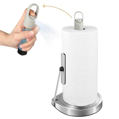 AIDEA Paper Towel Holder with Spray Bottle, Kitchen Towel Holder for Countertop, Spring Arm for Easy Tear, One-Handed Stainless Steel Paper Towel Dispenser with Weighted Base, Silver - Image 1