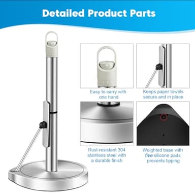 AIDEA Paper Towel Holder with Spray Bottle, Kitchen Towel Holder for Countertop, Spring Arm for Easy Tear, One-Handed Stainless Steel Paper Towel Dispenser with Weighted Base, Silver - Image 6