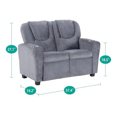 Naomi Home Suri Kids Recliner Loveseat with Cup Holders & Footrests, Gray Microfiber - Cozy 2-Seater Lounge for Children - Image 2