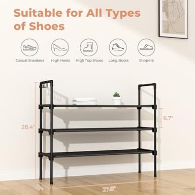 LANTEFUL 3 Tier Shoe Rack for Closet, Shoe Organizer with 5 Hooks, Long Shoe Shelf Storage for Sneaker and Boot Stackable Free Standing Shoe Rack for Entryway, Garage, Small Spaces, Dorm - Image 3