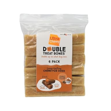 Ultra Chewy Peanut Butter Double Treat Bones: Long-Lasting Chews Made in USA, Highly Digestible, for Aggressive Chewers (Peanut Butter, 6 Count) - Image 1