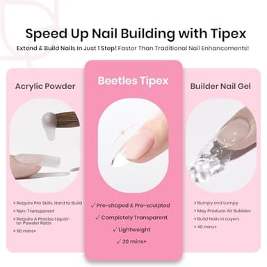 Beetles Tipex Gel Nail Kit, Medium Almond Nail Tips 224 Pcs 16 Sizes Pre-Building Pre-Etched False Nail Tips with Tipex Nail Glue, Mini Nail Lamp Thick Acrylic Nail Set Halloween Nails - Image 4