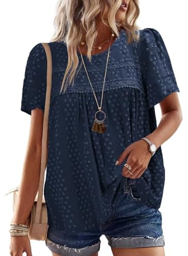 Falechay Going Out Tops for Women Tunic Top Round Neck Short Sleeve Spring Women Shirts Smocked Swiss Dot Summer Blouses Boho Clothing Plus Size XL Navy Blue - Image 1