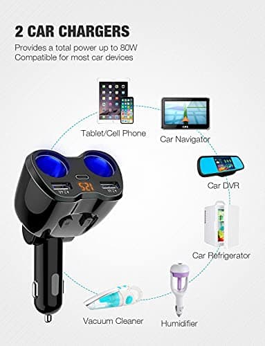 Otium USB C Car Charger, 2 Sockets Cigarette Lighter Splitter 12/24V 80W Dual USB Type-C Ports Separate Switch LED Voltage Display Built-in Replaceable 10A Fuse Compatible Mobile Phone GPS Dash Cam - Image 7