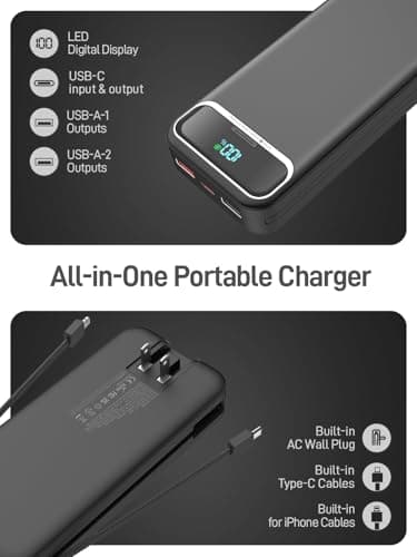 Portable Charger Power Bank with Built in Cables and AC Wall Plug,PD20W&SCP22.5W USB-C Super Fast Charging,20000mAh Travel Phone Charging,LED Display Battery Pack Compatible All iPhone Samsung etc - Image 3