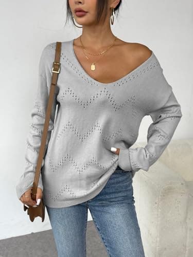 Zeagoo Fall Sweaters for Women Fashion 2025 Dressy Casual Deep V Neck Soft Long Sleeve Shirt for Work Going Out Gray L - Image 4