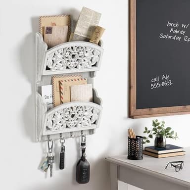 JAZUIHA Mail Organizer with Key Holder,2-Slot Mail Holder with 4 Key Hooks for Wall Decorative, Wooden Hanging Organizer for File Letter in Shelf Home Farmhouse Decor for Entryway Office - Image 2