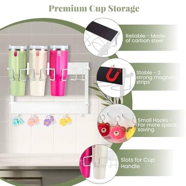 CINPIUK Water Bottle Organizer Holder, Magnetic Mug Hook Storage for Stanley & Large Tumbler, Space Saving Wall Mount Mug Organizer with 5 Hook, Easy to Install, White - Image 6