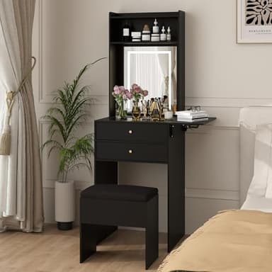 ARTETHYS Small Vanity Desk Set with 3 Adjustable Lighted Mirror and Storage Chair Mini Black Makeup Vanities Set for Bedroom Compact Make up Dressing Table with Fold-up Panel for Tiny Space - Image 1