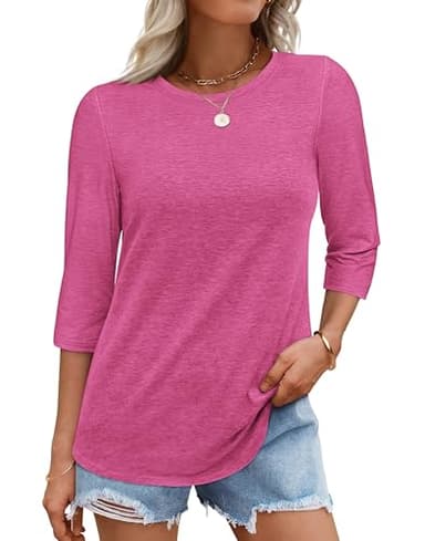 ATHMILE Shirts for Women Trendy Summer 3/4 Sleeve T-Shirts Crewneck Cute Tunic Tops Basic Tees Blouses Loose Fit Pullover Rose - Image 5