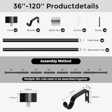 VOIIY Curtain Rods for Windows 66 to 120 Inch(5.5-10 Feet),Black 1'' Diameter Drapery Rods with End Cap Style Design,Modern Adjustable Heavy Duty Curtain Rod,Size:36''-120'' - Image 8