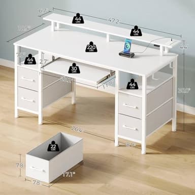 Seventable White Computer Desk with Drawers, Gaming Desk with Keyboard Tray, Office Desk with LED Lights & Power Outlets, 47 inch Writing Desk with Monitor Stand for Small Space - Image 3