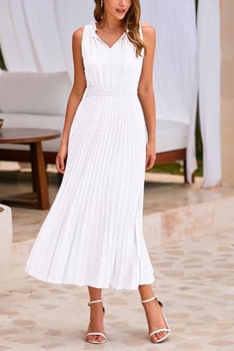 PRETTYGARDEN Women's Midi Summer Dresses Casual V Neck Swiss Dot Ruffle Sleeveless A Line Beach Sun Dress (White,Small) - Image 3