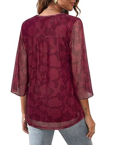 Bebonnie Womens Tops Dressy Casual,Ladies 3/4 Long Sleeve Fall Tunic Tops for Leggings Peasant Office Work Clothes Business Casual Dressy Shirts Mesh Elegant Floral Peasant Top Berry Red M - Image 4