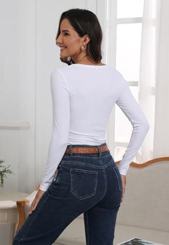 Roselux Womens Long Sleeve Scoop Neck Ribbed Knit Fitted Casual Tops Tee Slim Basic Shirts(3924,White-M) - Image 4