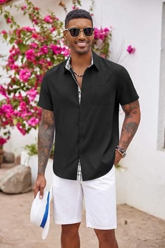 COOFANDY Men's Linen Shirts Short Sleeve Beach Shirts Hawaiian Tropical Summer Button Down Shirts Black - Image 2