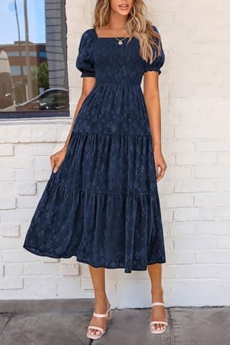 PRETTYGARDEN Women's 2026 Summer Casual Midi Dresses Square Neck Short Sleeve Smocked A Line Floral Flowy Elegant Boho Dress - Image 6