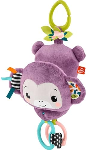Fisher-Price Baby Stroller Toy Sing & Go Purple Monkey Musical Sensory Plush with Crinkle & Clackers for Newborns from Birth+ - Image 1