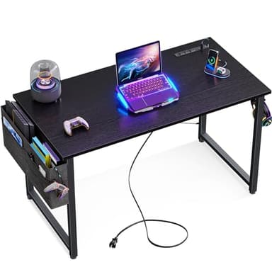 KKL Small Desk with Power Outlets and USB Port Computer Desk for Home Office Gaming Simple Modern Style Writing Desks with Storage Bag Headphone Hook, 40 inch, Black - Image 1