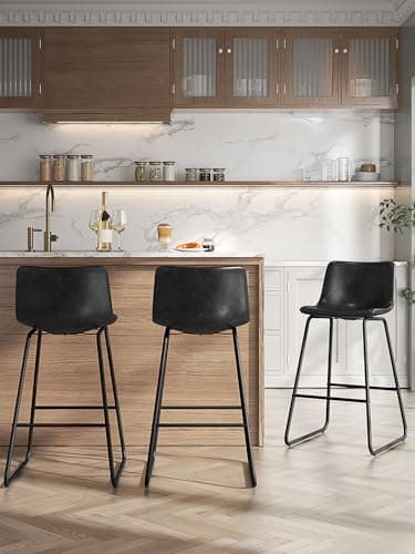 Aowos Bar Stools Set of 3, 26 Inches Counter Height Bar Stools with Back, Modern Faux Leather Barstools with Metal Legs and Footrest, Bar Chairs for Kitchens Island (Black) - Image 1