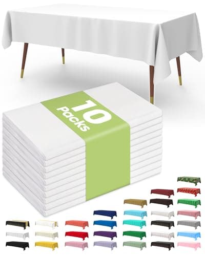Pureegg Plastic Table Cloth Disposable 10 Pack, 54 x 108 Inch Table Cloths, Party, Picnic, Wedding, Decorative Tablecloths, Rectangle, White Plastic Cover, Leakproof & Sturdy, White - Image 1