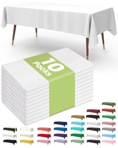 Pureegg Plastic Table Cloth Disposable 10 Pack, 54 x 108 Inch Table Cloths, Party, Picnic, Wedding, Decorative Tablecloths, Rectangle, White Plastic Cover, Leakproof & Sturdy, White - Image 1