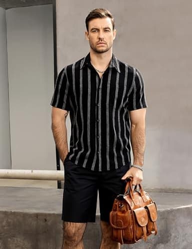 VATPAVE Mens Summer Striped Shirts Button Down Short Sleeve Vintage Beach Hawaiian Shirts with Pocket X-Large Black Vacation - Image 2