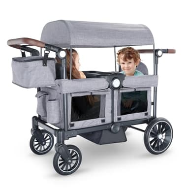 Kinder King Folding Wagon Stroller for 2 Kids, All-Terrain Baby Stroller Wagon Outdoor, Removable Canopy 2 Seater, Adjustable Handle, Shock-Absorbing Wheel, Detachable Tray, Parent Organizer, Gray - Image 1